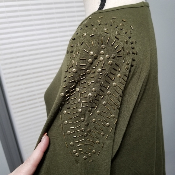 Lane Bryant Brass Beaded Embellished Shoulder Long Sleeve Tee - Olive - Picture 2 of 6